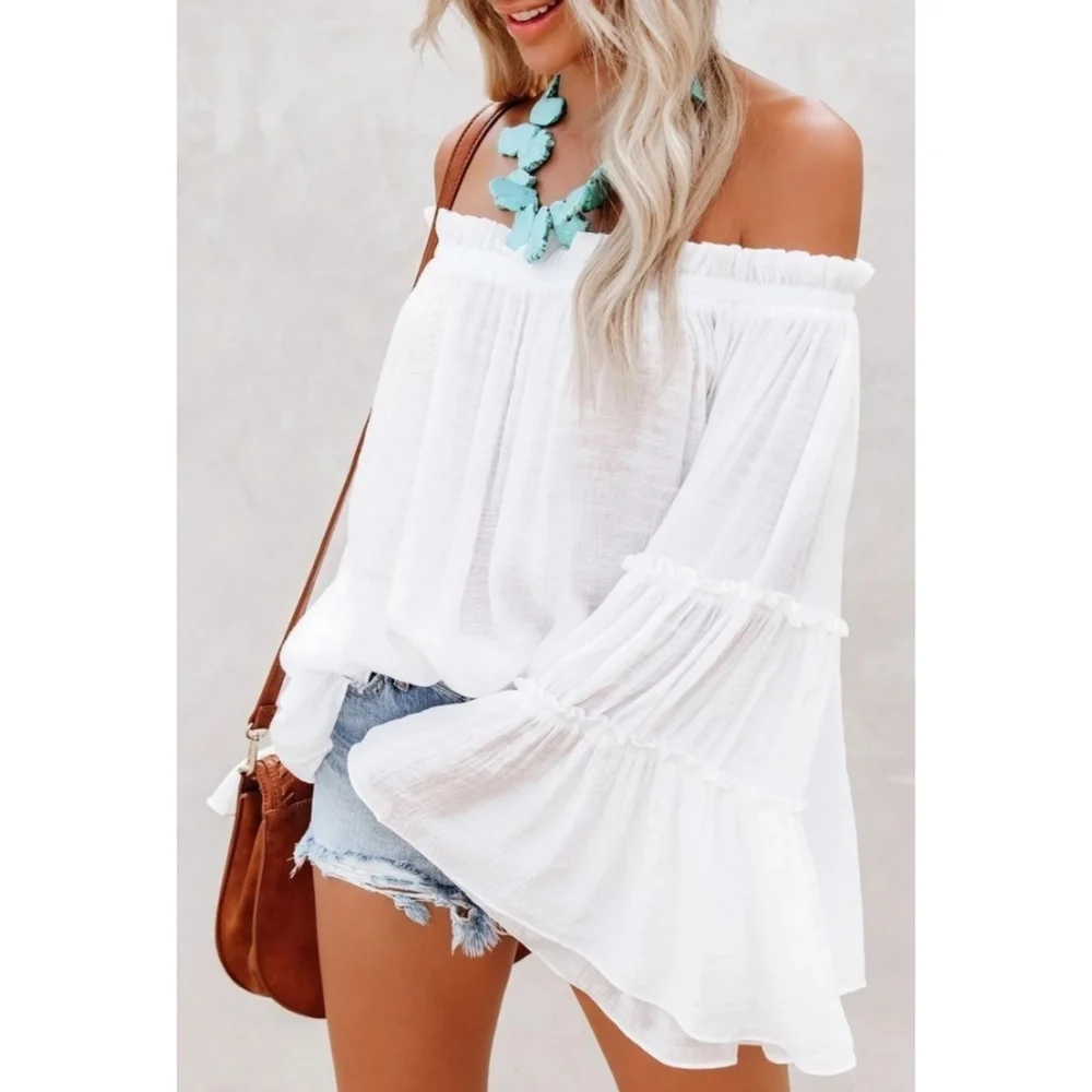 Chic white boho flowy off the shoulder tiered bell sleeve tunic top - Picture 3 of 8